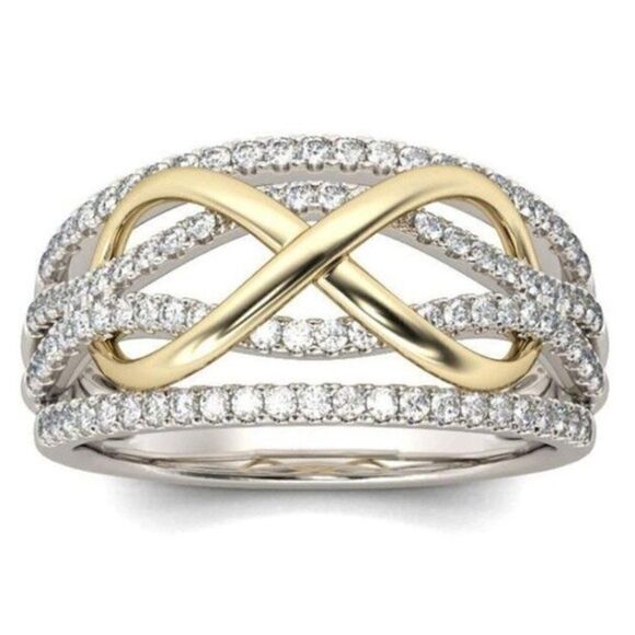 Silver and Yellow Gold Two Tone Braided Diamond Cubic Zirconia Infinity Ring - Picture 1 of 4